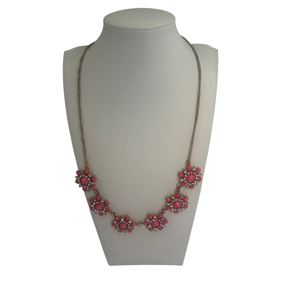 Pink Floral Statement Necklace Gold Tone Rhinestone Cluster Medallion Y2K Boho